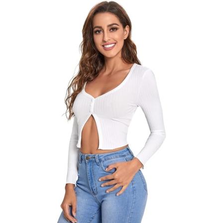Dam med urringad knapp framtill med delad långärmad Slim Fit Crop Top-skjorta