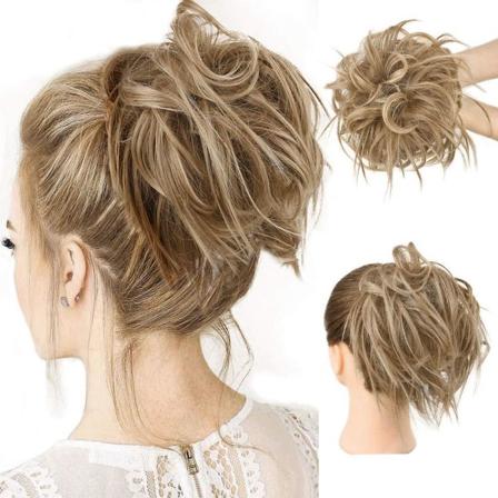 Naturlige hårstykker, rotete chignon hårforlengelse, blonde hårforlengelser, syntetiske tykke hårstykker med elastisk bånd for kvinner og jenter (Lys