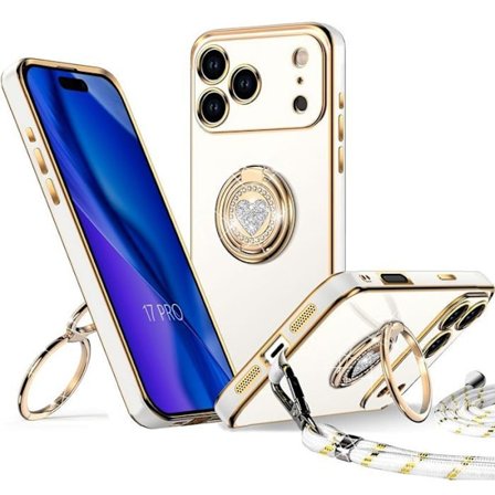 Coque Antichoc - BOOLING - til iPhone 17 Pro - med Snor og Rotationsring Hjerte Mønster - Hvid