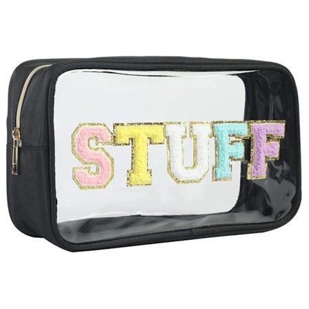 Patch Clear Makeup Stuff Bag, Women Chenille Letter Cosmetic Bag for Travel, Nylon Waterproof Organization Outdoor Zipper Pouch Toiletry Bag