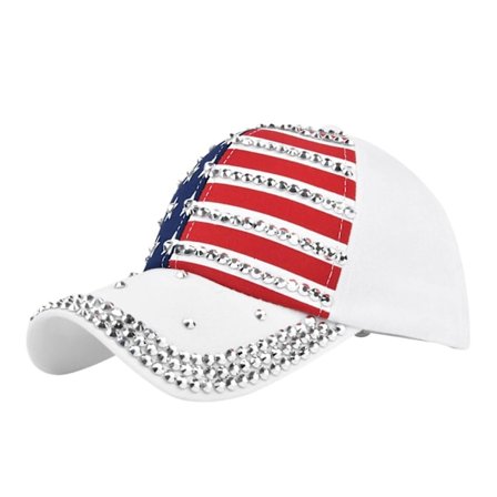 USA Bling Baseball Cap Amerikansk Flagg Hip Hop Hat Justerbar Patriotisk Caps(Hvit)