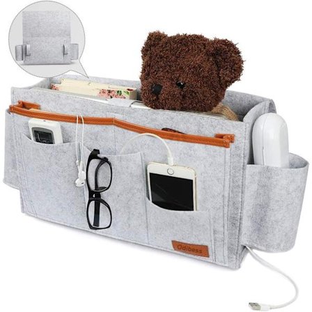 Stor opbevaringslomme til sengen, filt seng opbevaringslomme med 5 lommer til opbevaring af fjernbetjening, grå