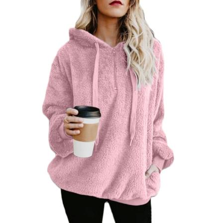 Mjuk och fluffig sweatshirt för kvinnor, höst och vinter, varm dragkedja upp huvtröja pullover med 5XL Pink