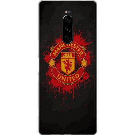 Kompatibelt Mobildeksel til Sony Sony Xperia 1 Manchester United logo i rød og gul farge med røff sportslig bakgrunn