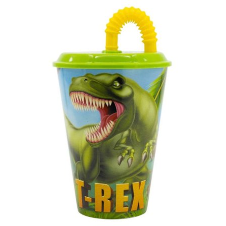 Plastkopp med sugerør, T-Rex dinosaur, 430 ml
