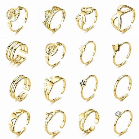 16 stk. Gull Chunky Ring Sett for Kvinner Jenter 18K Gullbelagt Stablebar Åpen Lenke Ring Tvistet Geometrisk Hjerte Signet Ring Justerbare Åpne 