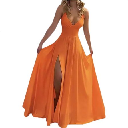 Sommar halterneck långklänning för damer, djup V-ringning, böljande, sexig rygglös maxiklänning med hög slits