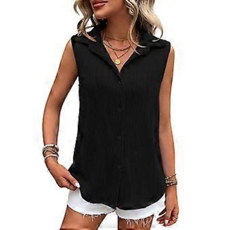 Dame Ensfarget Revers V-hals Ermeløs Tank Top Sommer Knapp Ned Skjorter Kontordame Skjorter Casual Løse Bluser Gave XXL Svart(XXL Svart)