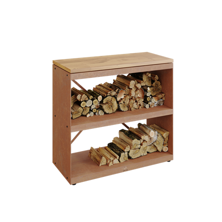 OFYR Wood Storage Dressoir Förvaringshylla cortenstål, toppskiva i gummiträ, Utemöbler