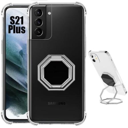 Cover til Samsung Galaxy S21+-S21 Plus Silikone stødsikker gennemsigtig med justerbart ottekantet stativ transparent-silver