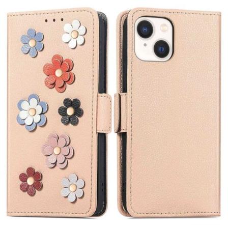 iPhone 14 Plus -lompakkokotelo Flower Decor Magnetic - Khaki
