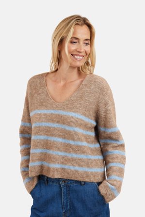 B. COPENHAGEN - Langærmet Strik - Sand / Lys Blå - Stribet