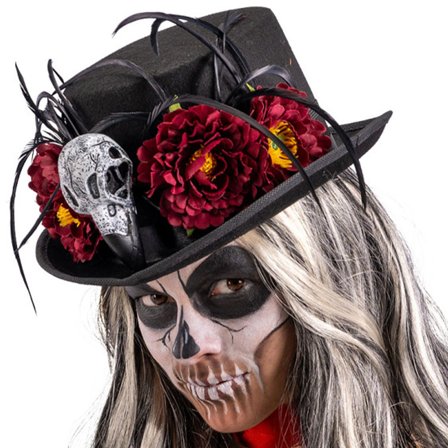 Høyhatt Dødningehode & Burgunder Blomster