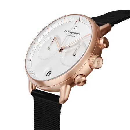 Nordgreen Men's Minimalistist Large Wrist Watch Watch - Rose Gold Case - White Dial - Black Mesh Watch Strap Pioneer White Dial Chronograph