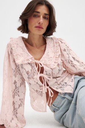NA-KD Bluse mit Kragen und Ballonärmeln - Ballonärmel Pullover - Rosa - S (EU 34-36)