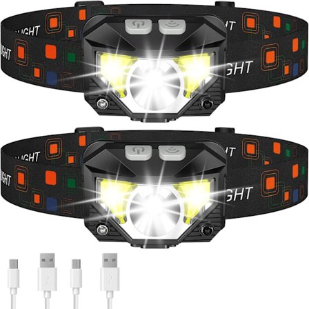 Vattentät Pannlampa, 1200 Lumen Super Stark LED Uppladdningsbar Pannlampa, 8 Lägen för Utomhuscamping Löpning Vandring Fiske, 2-pack