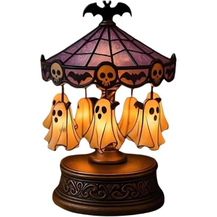 Halloween Karuselllys, USB Oppladbar Nattlampe, Vintage Antikk Kobberbase & Gotisk Farget Glasskjerm