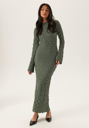 Bubbleroom - Structure Long Sleeve Midi Dress - Green - Kläder
