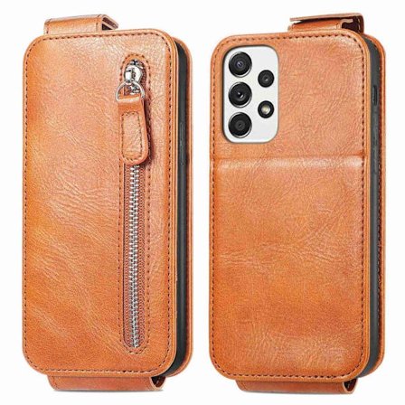 Vertical Flip Phone Suojakotelo With Zipper For Samsung Galaxy A72 5G - Ruskea