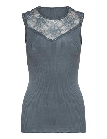 Silk Top Regular W/Lace Top Ærmeløs Top Blå Rosemunde