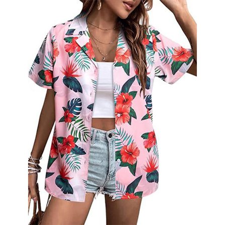 Kvinders Hawaiisk Skjorte Blød Blomster Tropisk Print V-Hals T-Shirt