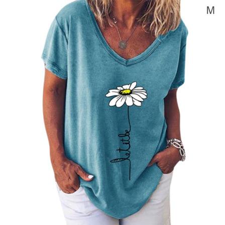 Kvinnor T-shirt V-hals Blomma Utskrift Top Kortärmad Lös