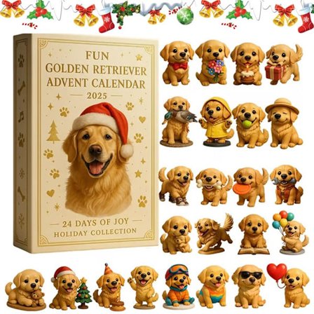 2025 Golden Retriever Julekalender med 24 Festlige Ornamenter, Legesæt til Nedtælling til Julen for Hundeelskere og Familiedekoration