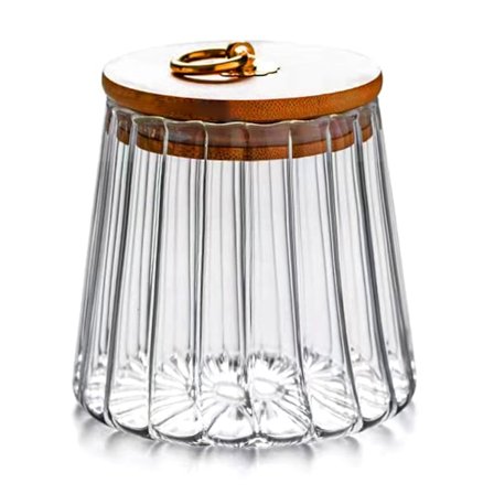 Glas Kaffebønner Dåse Lufttæt Opbevaringsglas Kronblad Dekorativ Beholder med Bambuslåg Metal Håndtag Nem (Stor Konisk)