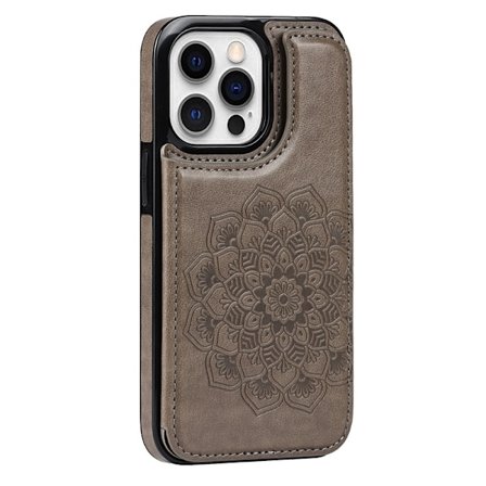 Etui til iPhone 14 Pro Max grå dobbelt spænde præget mandala læder dobbelt beslag kortholder