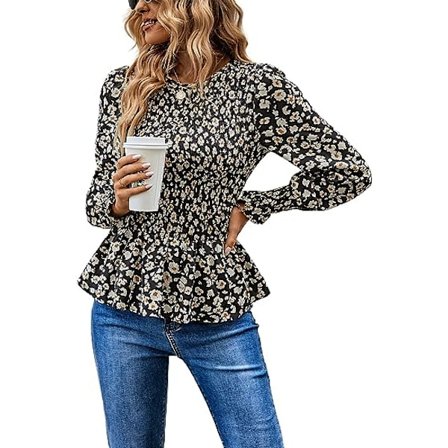 Kvinners Topper Casual Lang Arm Crewneck Blomstertrykk Smocked Ruf