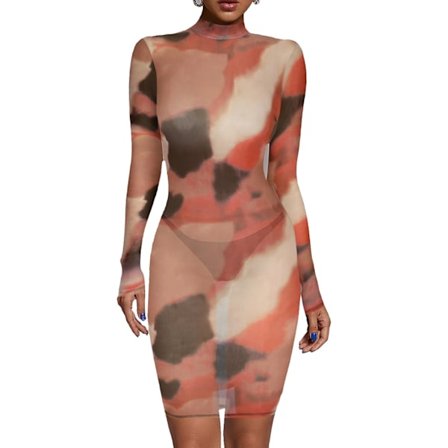 Uusin malli 2025 Naisten seksikäs läpinäkyvä verkkoprinttikuvioinen pitkähihainen mini bodycon -yökerhopuku