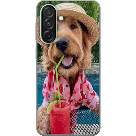 Kompatibel Mobilcover til Samsung Galaxy A26 Sommerhund drikke motiv med glad hund i hat og lyserød skjorte drikker en smoothie ved poolen perfekt til