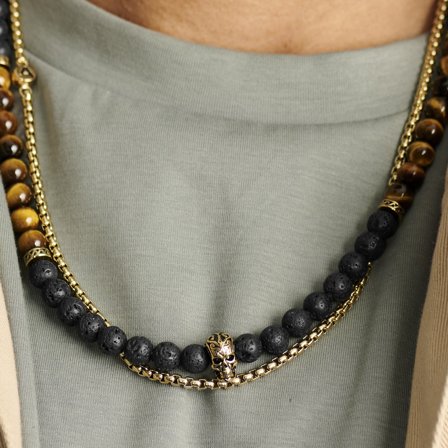 Conjunto de collares de piedra de lava y ojo de tigre Rico para hombres - Collares acero