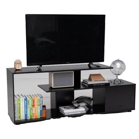 COSTWAY 55" 3-vånings TV-bänk, 1 dörr och öppen hylla, underhållningscenter, för vardagsrum, sovrum, svart