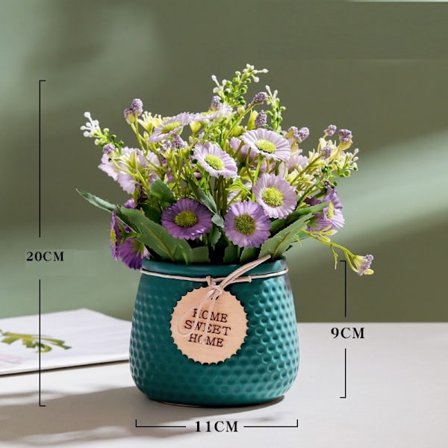 Simulerad grön växt för hemmet, nordisk stil, liten daisy-simuleringsblomma i keramikkruka (lila blomma, blå kruka)