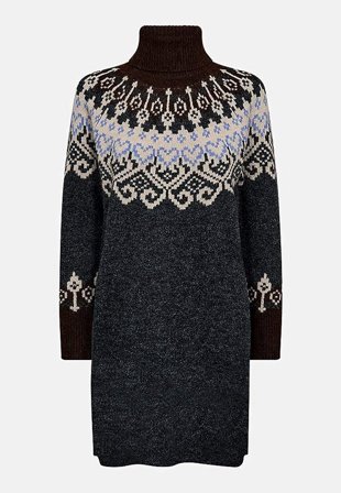 Freequent - Strikket kjole med jacquardmønster i marineblåmelert for damer i størrelse L (42) - Cellbes