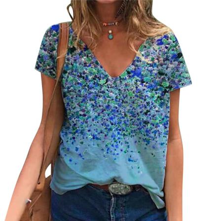 Sommar Dam V- Print Kortärmad Blus T-shirt