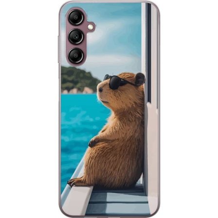 Yhteensopiva Puhelinkuori Samsung Galaxy A14 5G Rentoutunut kapybara aurinkolaseilla meren äärellä, hauska ja humoristinen motiivi, joka levittää iloa
