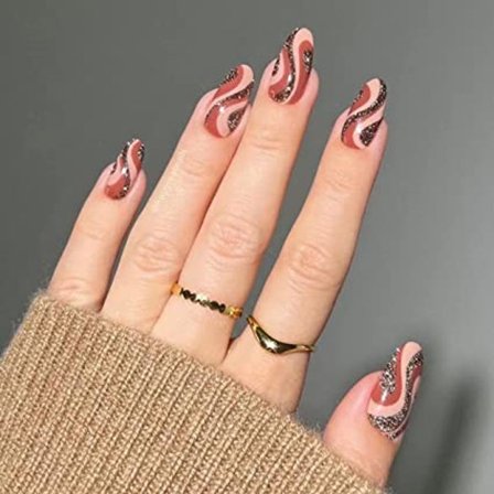 24 st tryck på naglar, utsökta bruna vågor falska naglar medium L