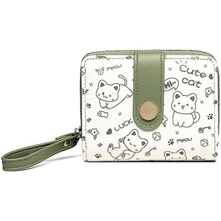 11,5x3x9cm Trendy Børnepung med Kawaii Kattetryk, Pung med Yderlomme med Lynlås til Mønter, Pung med Rum til Sedler og ID-kort