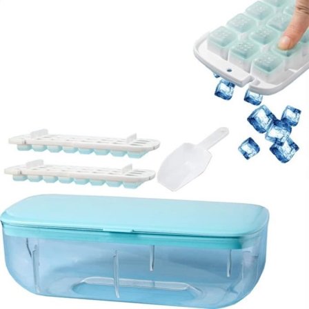 Isterningebakke med låg og beholder, isterningemaskine af pressetype, isterningebakke med låg og beholder, frigiv alle isterninger på et sekund + 