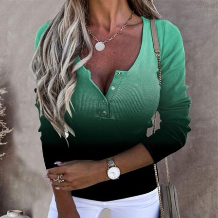 Dam Henley Neck T-shirt Långärmad Gradient Buttons Pullover