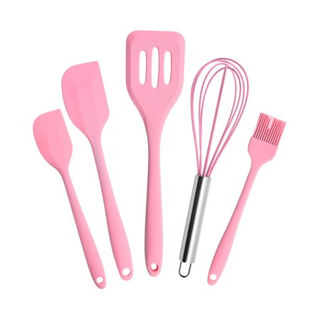 5-delad rosa silikonköksredskapsset värmetålig non-stick B