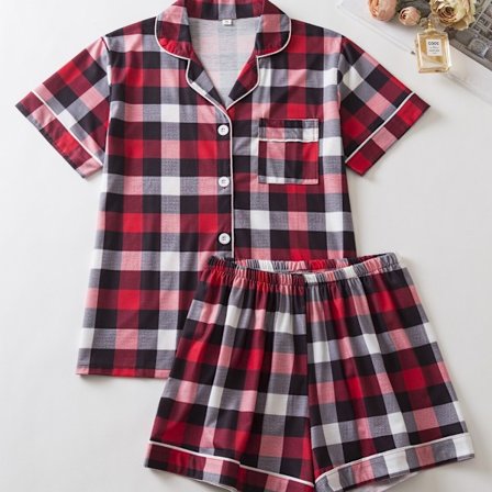 Nya kortärmade shorts avslappnad kofta rutiga dam pyjamas hemkläder