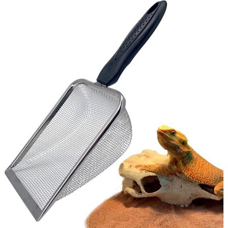 Rostfritt stål reptil sand substrat skopa, spade, finmaskig sil, metallskräp rengörare för sandskräp