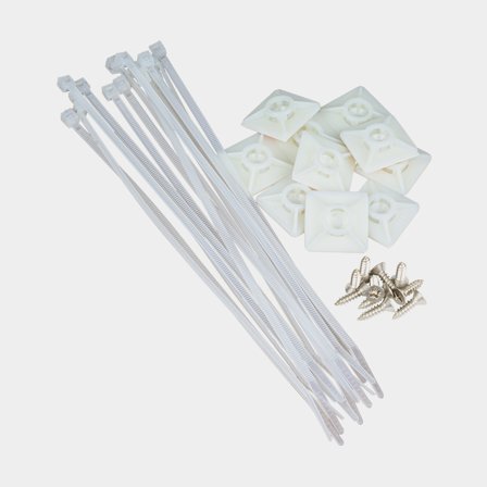 Kabelhållarsats Skyllermarks, med buntband 3.6 x 200 mm (15-pack), fästplattor 28 x 28 mm (10-pack) + självhäftande tejp + skruv (10-pack), vit