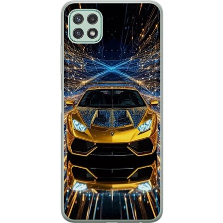Samsung Galaxy A22 5G Läpinäkyvä kuori Kultainen urheiluautoillustraatio, futuristinen luksusauto valopolkujen kera täydellinen eksklusiivisille a