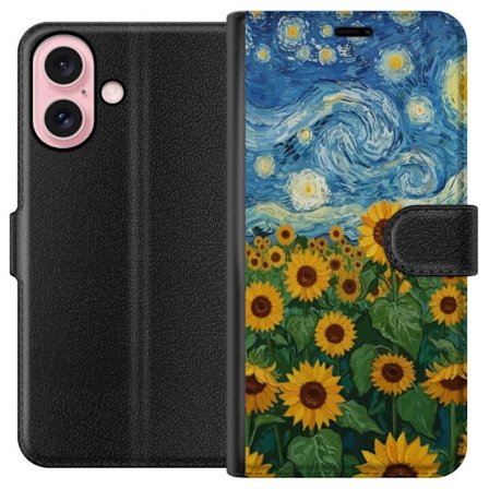 Kompatibelt Plånboksfodral till Apple Apple iPhone 16 Solrosfält under stjärnklar himmel - Måleri inspirerad av Van Gogh