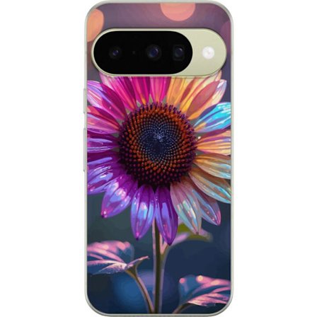 Kompatibelt Mobildeksel til Google Pixel 10 Irideserende blomst med glitrende kronblad i rosa lilla og gull mot myk bokeh bakgrunn