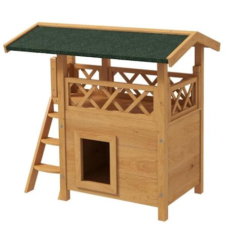 Rootz Cat House - Pet Kennel - Asfalttak - 2 nivåer - 1 stege - Gran Wood - Naturlig + Grön - L77 x B50 x H73 cm